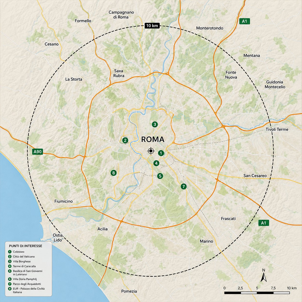 Mappa dell'area di intervento Zero Calcare WC: Roma e i comuni della provincia entro circa 10 km